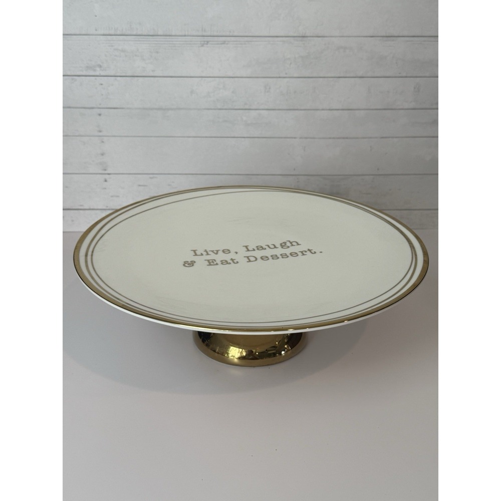 Nicole Miller Live Laugh & Eat Dessert 12" Pedestal Cake Stand Gold Trim